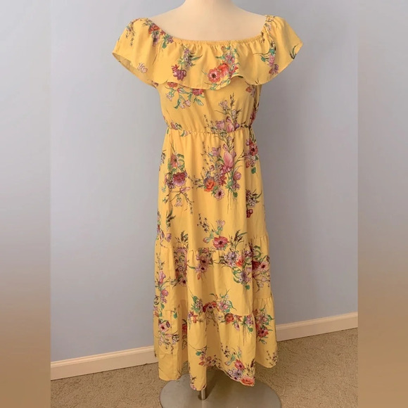 Aqua brand dress yellow floral off the shoulder tiered  size small frilly - Picture 1 of 7